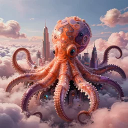 hyperrealistic hyper-ornate bio-morphic sky city on giant orange and purple cyborg octopus puffy clouds matte painting concept art salvador dali alex grey cinematic soft glow lighting high angle hd 8k sharp shallow depth of field