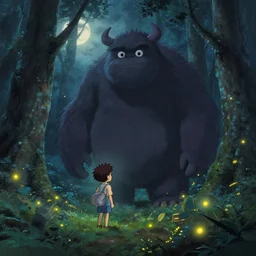 a painting of a small boy that discovers a giant hairy monster!!!!!!!! in a misty moonlit forest, surrounded by fireflies, by studio ghibli, cgsociety, cinematic lighting