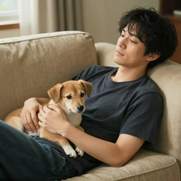 A man leaning back on a sofa with his dog in his lap, Shinji Aramaki