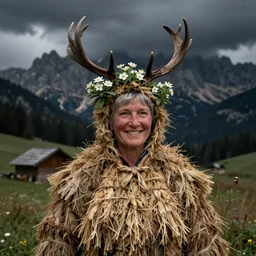 old alpine female famers wearing hay coat, head being overgrown by edelweiss, smiling, deer horns growing out of head, dolomites in background, dark eerie despair, portrait photography, artstation,
