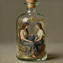 a tiny realistic proportioned man sitting down inside a glass bottle. beautiful, ornate detailed painting by artgerm and magali villanueve and michael whelan