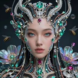 very beautiful woman integrating with technology, full face frontal centered, portrait, insipiring, detailed intricate ornate cables connected to head, big open electric eyes, luxurious detailed abundent wiring and implants, diamonds, ruby, sci - fi, neon, emeralds, detailed technology background with cyber flowers and insects, highly detailed, artstation, 8 k, by laurie greasley
