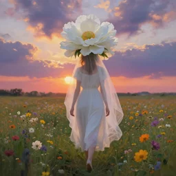 giant white flower crown as head, veil girl walking in a flower field, surreal photography, sunrise, dramatic light, impressionist painting, colorful clouds, digital painting, artstation, simon stalenhag