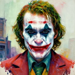 abstract portrait of the joker in gears of war, city in the background, the joker 2 0 1 9, studio lightning, beautiful face and eyes, rule of thirds, face symmetry, colourful spray paint splatters, expressive, fine art, by pablo ruiz picasso, 4 k, 8 k, correct body proportion, pablo ruiz picasso style