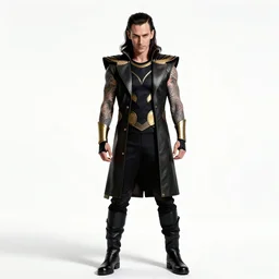tattooed loki trickster, photorealistic portrait photography, full body, standing, isolated on a pure white background, centered, whole figure in frame, sharp focus, studio lighting