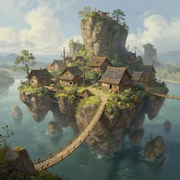 village built on floating rocks connected by rope bridges, high fantasy, detailed, digital painting, realistic, landscape by jonathan berube