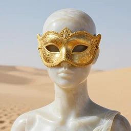 a beautifully sculpted mannequin made of onyx with gold lace masquerade face mask, serene desert setting, kintsugi, innovative avant - garde art, photorealistic portrait, crisp quality and light reflections, clean linework, finely detailed, confident, ornamented, opulent, 4 k, rule of thirds, trending on artstation, volumetric lighting, octane render