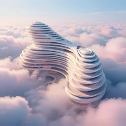 beautiful digital illustration of a curvilinear palace in a sea of clouds by Andreas Rocha, curvilinear architecture, fluffy pastel clouds, establishing shot, cinematic, architecture, concept art, deviantArt, artsation, artstation HQ, HD, 16k resolution, smooth, sharp detail, amazing depth, octane, finalRender, Unreal Engine