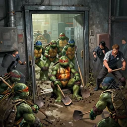 ninja turtles are escaping from the factory, and a couple of people were prisoners with them. then the men in black chased them, and then the gangs. the first door, people were sitting with shovels and in the mud. one of the prisoners got burned and while he was talking to them, the others who went where, concept art, 2 k,