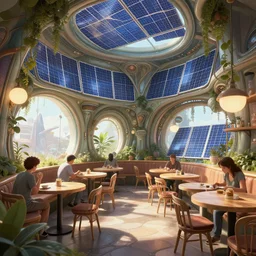interior of utopian solarpunk cafe with solar panels, fantasy, detailed, high quality, trending on artstation, digital art