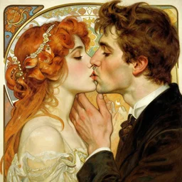 man kissing a woman, reflexions, verry high details, colorfull, by william turner art, by greg rutkowski, by alphonse mucha, by james jean, by rossdraws, by frank franzzeta, by sakimichan, trending on artstation, very very detailed, masterpiece,