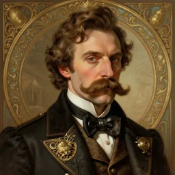 a cinematic portrait scene male steampunk gentleman with a big mustache, intricate, elegant, highly detailed, digital painting, artstation, concept art, smooth, sharp focus, illustration, art by artgerm and greg rutkowski and alphonse mucha