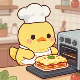 anime cute platypus on a kitchen wearing a chef hat and holding a lasagna into an oven, anime style, chibi style, kawaii