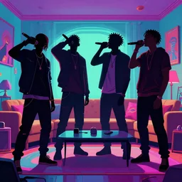 four friends rapping with microphone in living room, epic pose, silhouetted, distinct, digital art, vaporwave, psychedelic, surreal, hip hop, trending on Artstation, professional artist, detailed, 4k