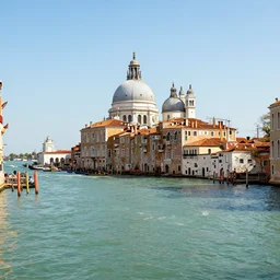 a serene landscape of venice, green river, on the bank is the domed church, by joan marti aragones