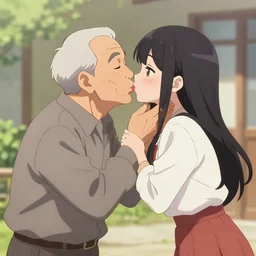 old man doing a triple kiss with anime girl