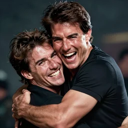 hyper realistic tom cruise hugging tom cruise, hugging tom cruise, all overly excited, jaw unhinged with laughter and smiling, all teeth, kinda disturbing but really funny, tom has evil eyes, like super evil looking, by greg rutkowski, scott m fischer, artgerm, loish, slight glow, atmospheric, anne stokes, alexandros pyromallis