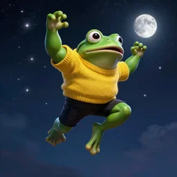 a muscular green! pepe frog jumps to the sky to become one with the stars, wearing yellow sweater and black shorts, cosmos, moon, by mucha and caspar david friedrich, atmospheric lighting, intricate detail, cgsociety, hyperrealistic, octane render, rpg portrait, ambient light, dynamic lighting