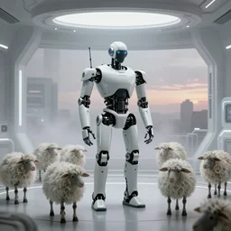 robot 9 0 0 0 dreams of electric sheep in a futuristic white room, high dark contrast, mist, sunset background, photorealistic, 8 k, hdr, octane render, syd mead moebius katsuhiro otomo style