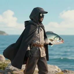 a cod fish wearing a cape