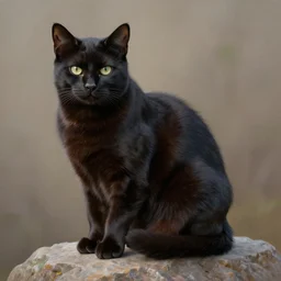 full body portrait of a black cat with dull fur seated con a rock, very detailed fur, beautiful lighting, digital art, intricate details, trending on artstation, photorealistic painting by lois van baarle, featured on deviantart