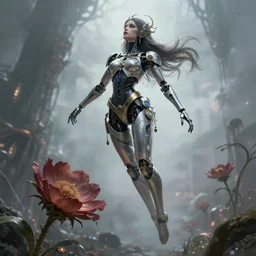 detailed, sharp, dreaming humanoid female automata wearing gothic ornament floating above a dystopia with higan flower by Anna Dittmannand, digital art. surreal. trending on artstation, HD, 8K, highly detailed, good lighting. beautiful. epic.