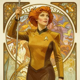 star trek Captain Kathryn Janeway art nouveau, amazing details, intricate details ,digital art , illustration, digital painting, trending on artstation, in the style of Alphonse Mucha,