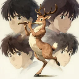 a full body portrait of a faun playing the flute and dancing, finely detailed features, closeup at the faces, perfect art, gapmoe yandere grimdark, trending on pixiv fanbox, painted by greg rutkowski makoto shinkai takashi takeuchi studio ghibli, akihiko yoshida,