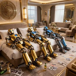 3 shiny golden and blue metallic steampunk robots sleeping on bed and floor in a luxury futuristic hotel room with a messy seating area, messy room with empty bottles all over the floor, pressphoto, dawn light, insanely detailed, 3 5 mm lens, wide shot