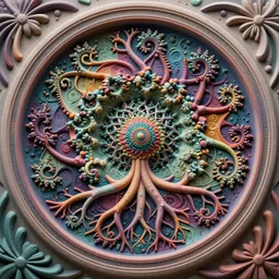 close up circular border with abstract symmetrical designs, concept art, colored deep carving, nature, fractals, depth of field, roots, fractals, mandelbrot, fluid simulation in houdini, subsurface scattering, volumetric, very detailed, trending on artstation, rendered in octane, cgsociety