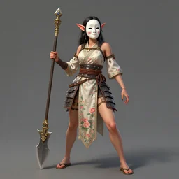 full - bodied portrait, female changeling in floral - patterned eastern light armor, wielding a decorated halberd, barefoot in sandals, noh theatre mask, mischievous, capricious, energetic, provocative, seductive, realistic proportions, reasonable fantasy art, in the style of dnd illustrations, pathfinder, ttrpg.