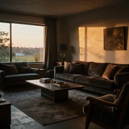 sunset in a tastefully decorated living room with dark luxurious furnishings, and a mix of antique and modern furniture, and a mix of concrete and wood finishes, soft focus cinematic still, dark dreamy golden dappled light by rembrandt