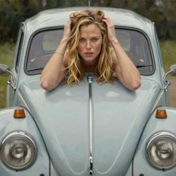 beautiful e charlize theron with long blonde hair locks holds over its head on its two hands old volkswagen beetle, oil on canvas, naturalism