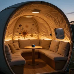 inside cozy luxurious curved sleep-pod with wall to wall padding and sound system, amber ambient lighting, flower mural, XF IQ4, 150MP, 50mm, F1.4, ISO 200, 1/160s, dawn