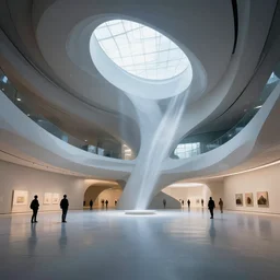 interior futuristic art gallery wide angle highly detailed by ricardo boffil and saturno butto and olafur eliasson, captivating 8 k hdr, octane render godrays