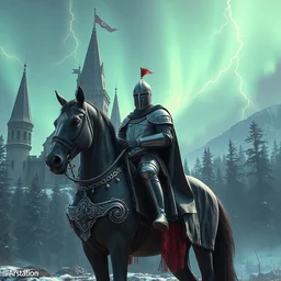 knight crusader mounted in a horser, horser standing in frontal of a castle, castle realistic, armor of lightnings and helmet realistic 4 k, big forest world fantasy realistic, sky northern lights artstation realistic, realistic artstation