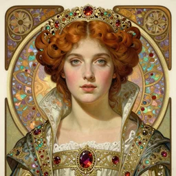 portrait, artwork by james jean, hyperdetailed realistic lithograph, beautiful medieval queen, jean delville, art nouveau, alexandrite, symbolist, visionary, evelyn de morgan