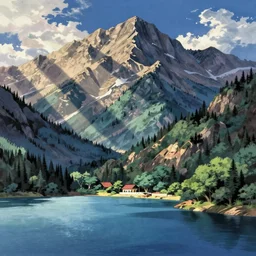 lakeside mountains, by akira toriyama