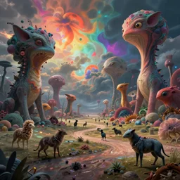 a surreal landscape in an other worldly dimension, strange creatures roaming around, vivid caustics, 8 k, high - detail