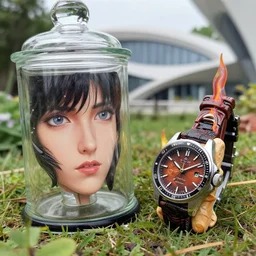 cinestill 5 0 d, 8 k, j. j abrams flare ; esoteric ultra realistic seinen manga nero timepiece in cat meets ran ( 1 9 9 0 ) film still garden scene in frontiers in translucent plastic photography fashion magazine june seinen manga portrait closeup edition, hyperrealistic real - life cyborg shaped clay occult figurine film still in seinen manga victorian glass jar, pointe pose, perfect eyes, tilt shift wide shot zaha hadid background