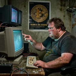 typical cryptocurrency nerd, sitting in front of old 9 0's computer, shilling, crt tubes, cables everywhere, damp basement decay, bitcoin poster in background, fat and dirty, scruffy looking, claustrophobia, humidity mold, award - winning photomanipulation