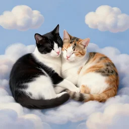 a black and white cat and a calico cat sleeping peacefully together in cat heaven, puffy clouds, dreamy, painted by Tyler Edlin