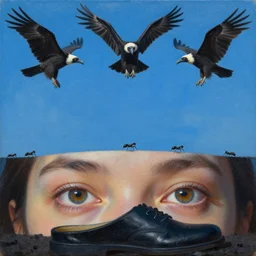 eyes stared straight up at the blue sky black distant extinct black ants walking up the shoe vultures preying above oil painting 8 k