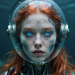 biopunk cyborg portrait by julie bell, intricate biopunk patterns, ginger hair, mesmerizing blue eyes, glass bubble helmet, underwater, detailed!, very sharp!!!