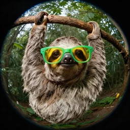 a sloth hanging from a branch and wearing green and yellow glasses, from below, fish-eye lens