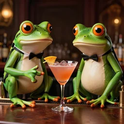formal frog sports mascots drinking cocktails at a fancy bar, highly detailed, extremely high quality, hd, 4 k, 8 k, professional photographer, 4 0 mp, lifelike, top - rated, award winning, cinematic, realistic, detailed lighting, detailed shadows, sharp, no blur, edited, corrected, trending