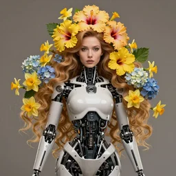 a beautiful fine art RPG portrait photo of a  robot female cyborg, spread out wavy hair covered by hibiscus, daffodils, hydrangea, montsera leaves by tom bagshaw, golden ratio composition, soft studio lighting, soft vignette, 50mm lens, very detailed, bionic, cybernetic scifi, deep depth of field, artstation, 8K