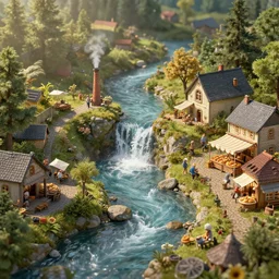 gediminas pranckevicius, very nitid scene close view of miniature world with river, small waterfall, chimney with smoke, marketplace, bakery, sallon, with stunning 3 d render + dim volumetric lighting, 8 k octane beautifully detailed render, post - processing, extremely hyperdetailed, intricate,, ray of sunlight, detailed painterly digital art style by wlop