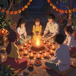 an intricate painting diwali celebrations by kawase hasui and makoto shinkai, featured on artstation, pixiv, volumetric lighting, 8 k, highly detailed render, soft glow