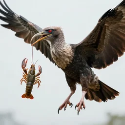 an enormous bird with talons as long as a man's arm, its wings spread wider still. its eyes are red. a crayfish hangs from the beak by one claw, unable to move.